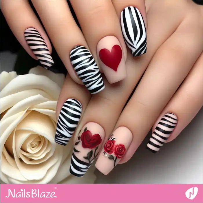 Valentine Motifs with Zebra Print Design | Animal Print Nails - NB2457